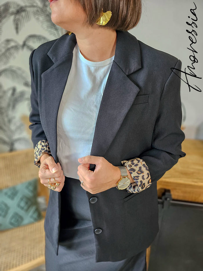 Veste Willow Noir — Veste Tailleur Noir Intérieur Léopard Femme