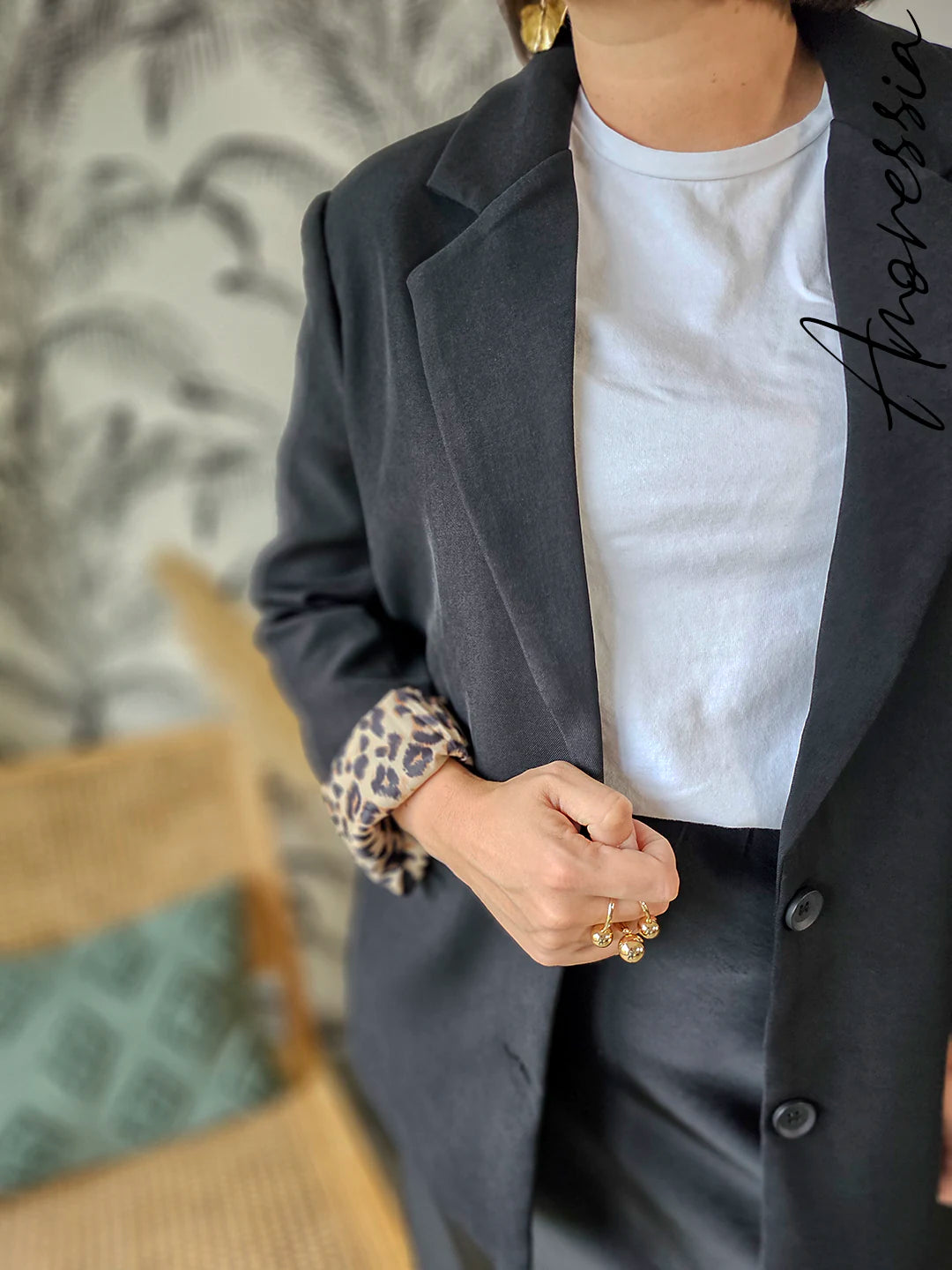 Veste Willow Noir — Veste Tailleur Noir Intérieur Léopard Femme
