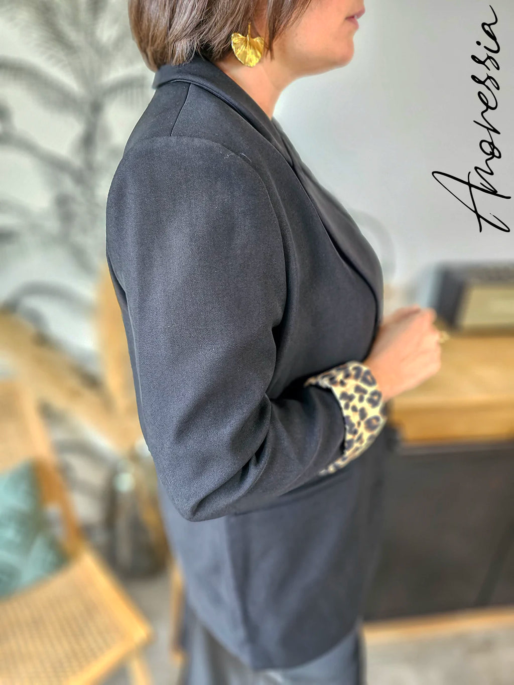 Veste Willow Noir — Veste Tailleur Noir Intérieur Léopard Femme