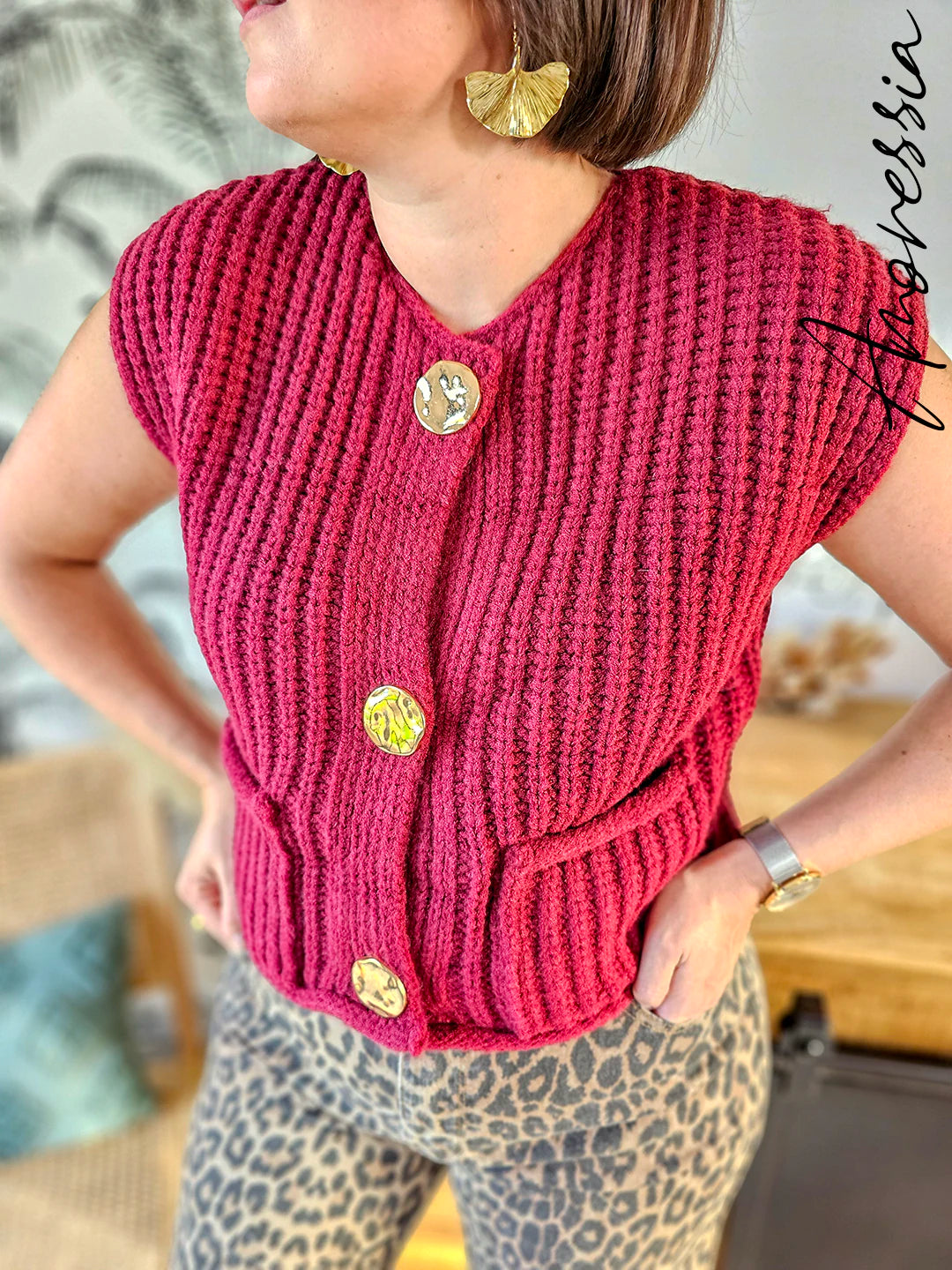Gilet Autone — Gilet Bordeaux Sans Manches Grosses Mailles Femme
