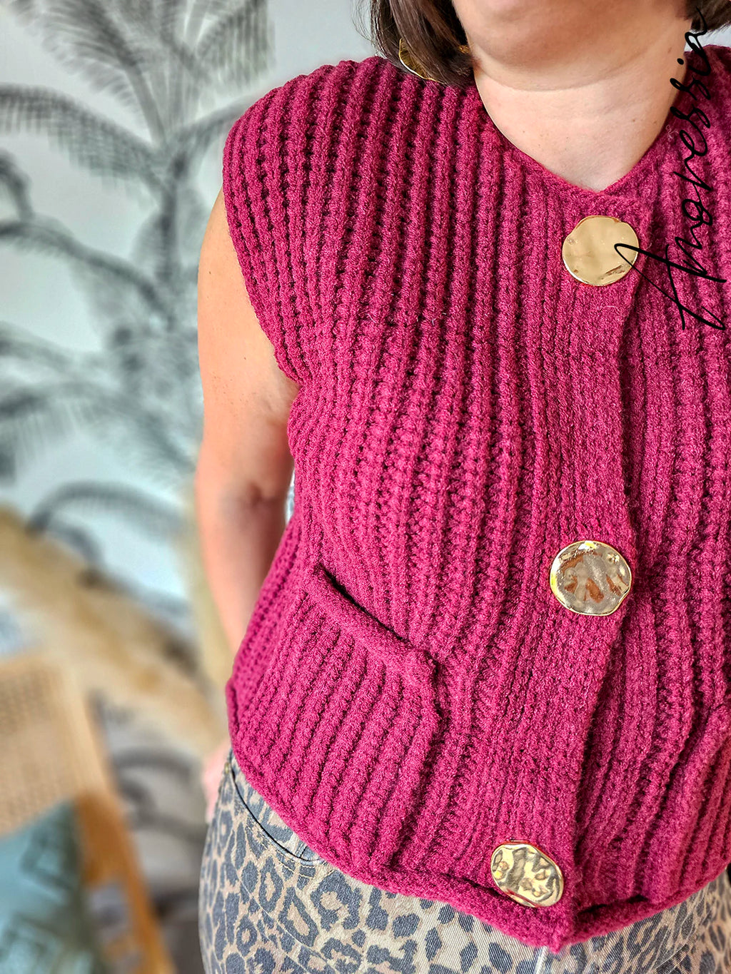 Gilet Autone — Gilet Bordeaux Grosses Mailles Femme vue détail