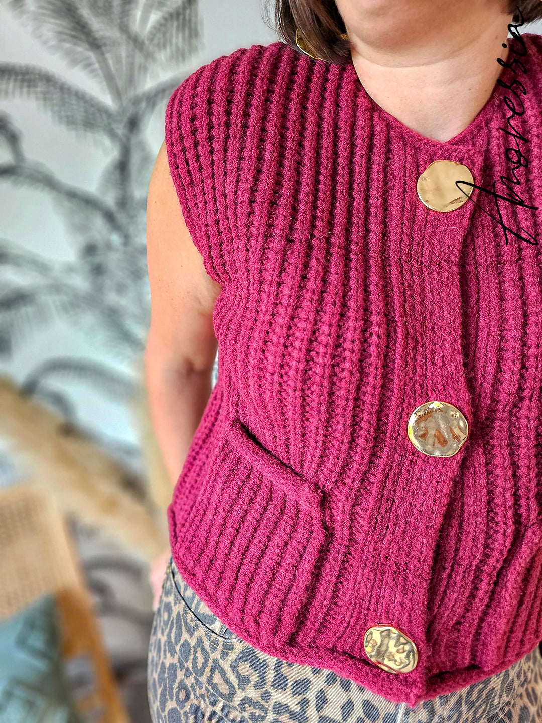 Gilet Autone — Gilet Bordeaux Grosses Mailles Femme vue détail