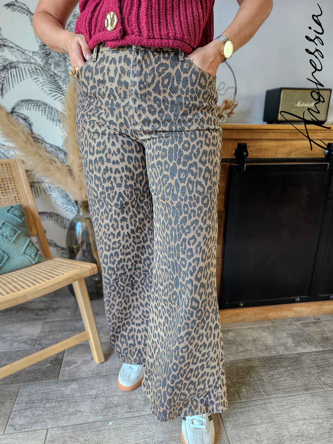 Jean Léopard — Jean Wide Leg Taille Haute Imprimé Léopard Femme