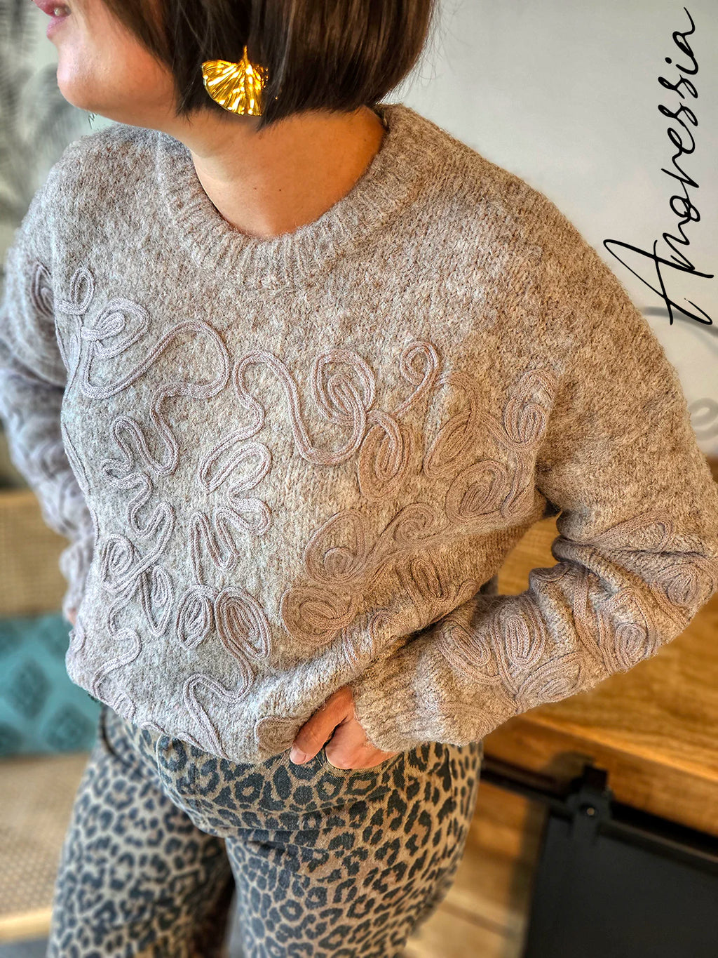 Pull Flave Taupe — Pull Taupe Manches Longues Femme vue détail