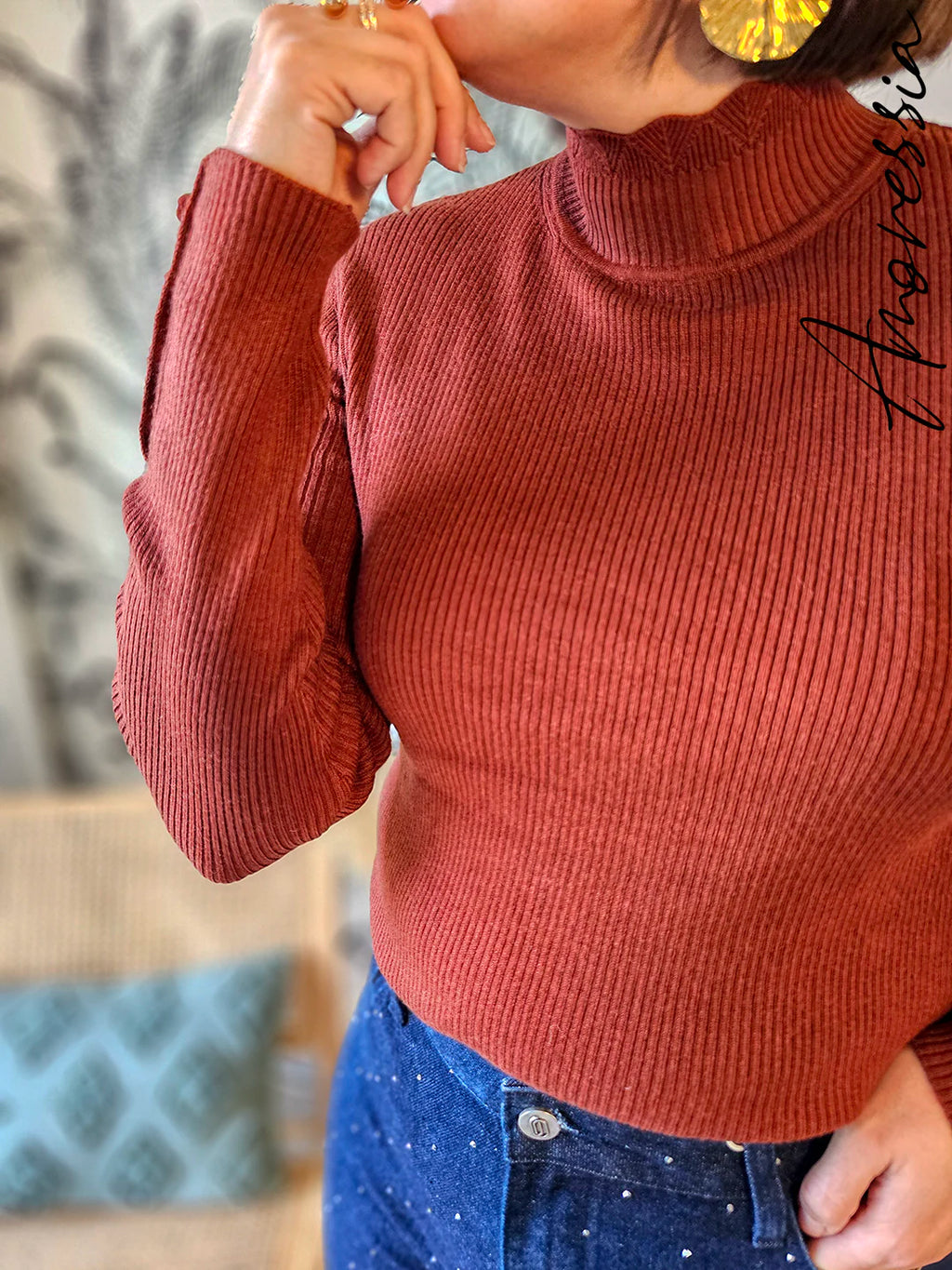 Pull Monica Rouille — Pull Léger Rouille Boutons Manches Femme autre vue