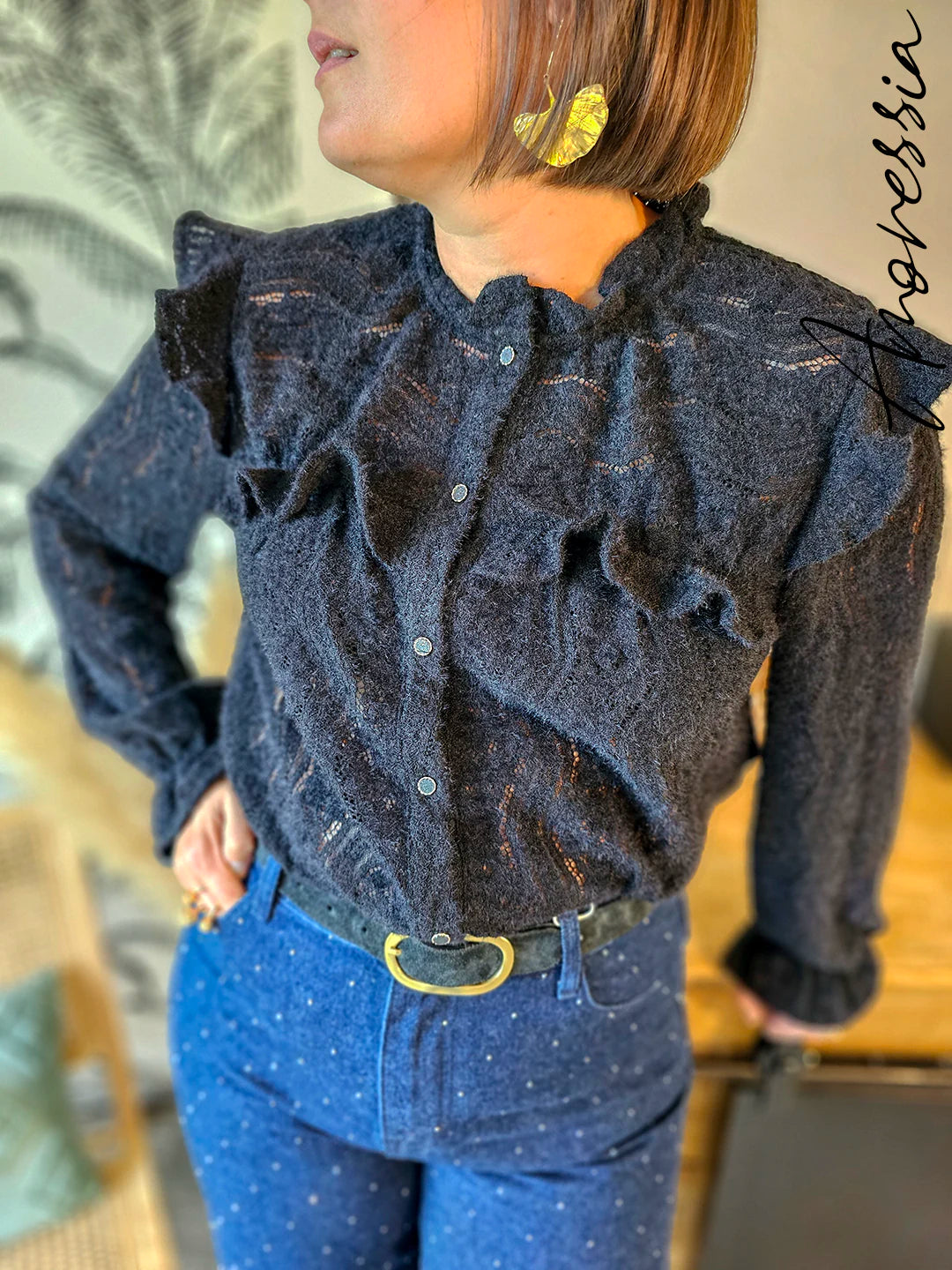Chemise Naia — Chemise Noire Manches Longues Détails Ajourés Femme
