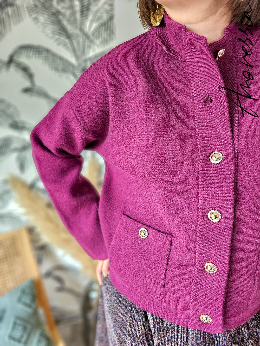 Gilet Garence — Gilet Bordeaux Boutons Dorés Femme autre vue