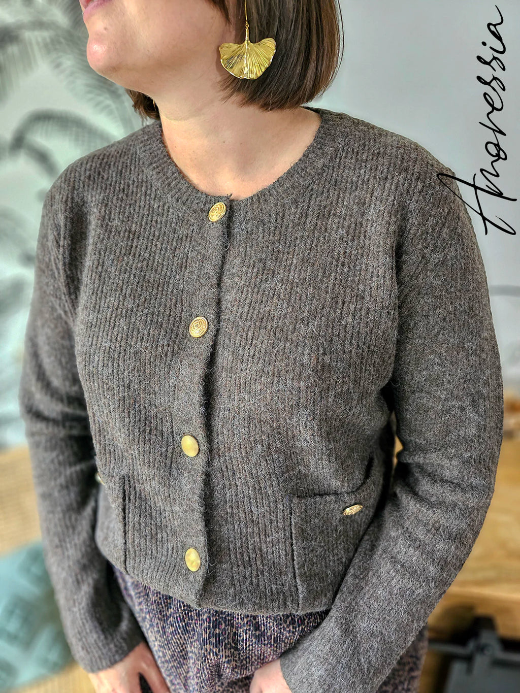 Gilet Chocolat — Gilet Chocolat Boutons Dorés Poches Femme