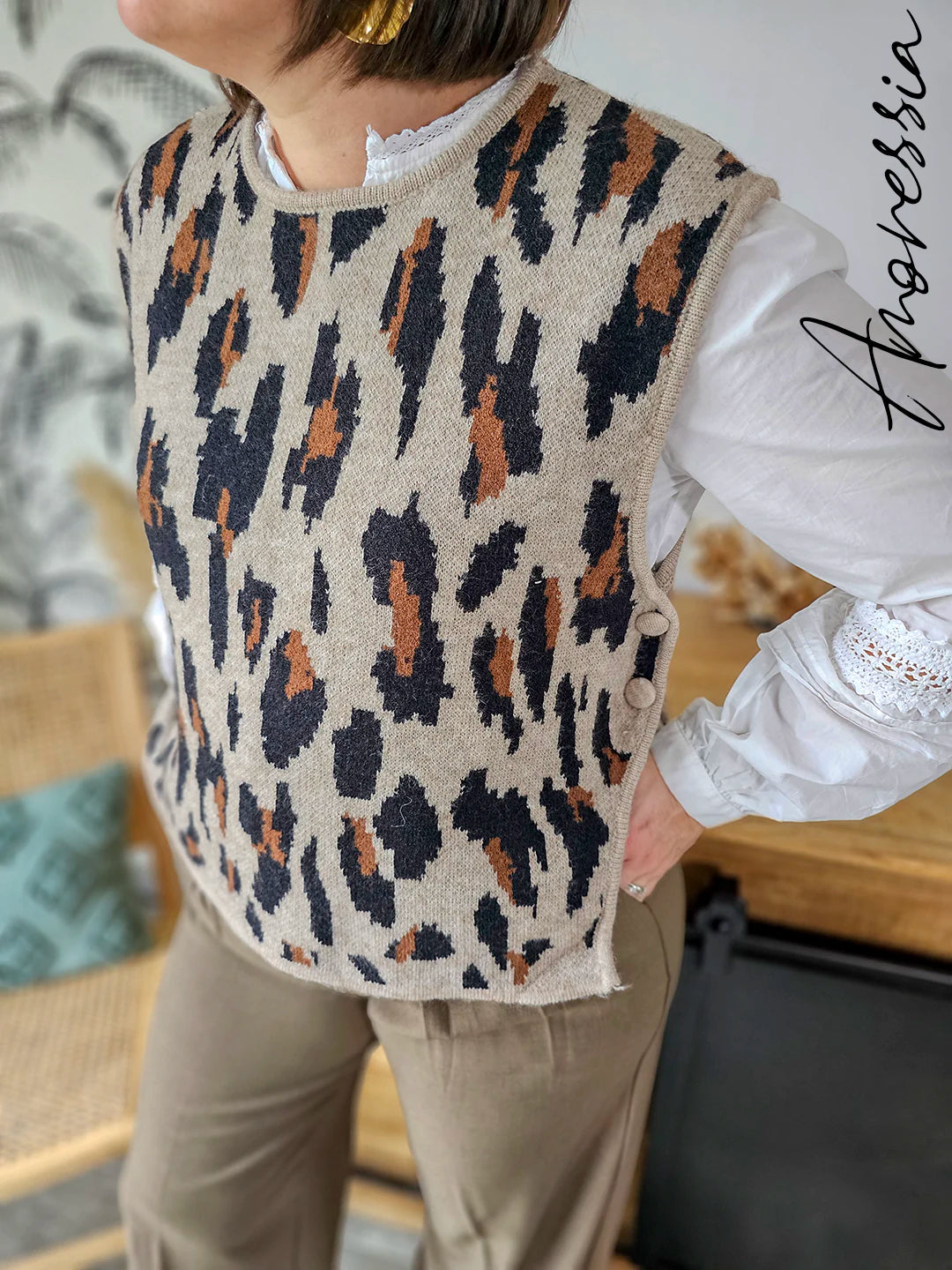 Pull Léopard Sans Manches — Pull Taupe Imprimé Léopard Côtés Ouverts Femme