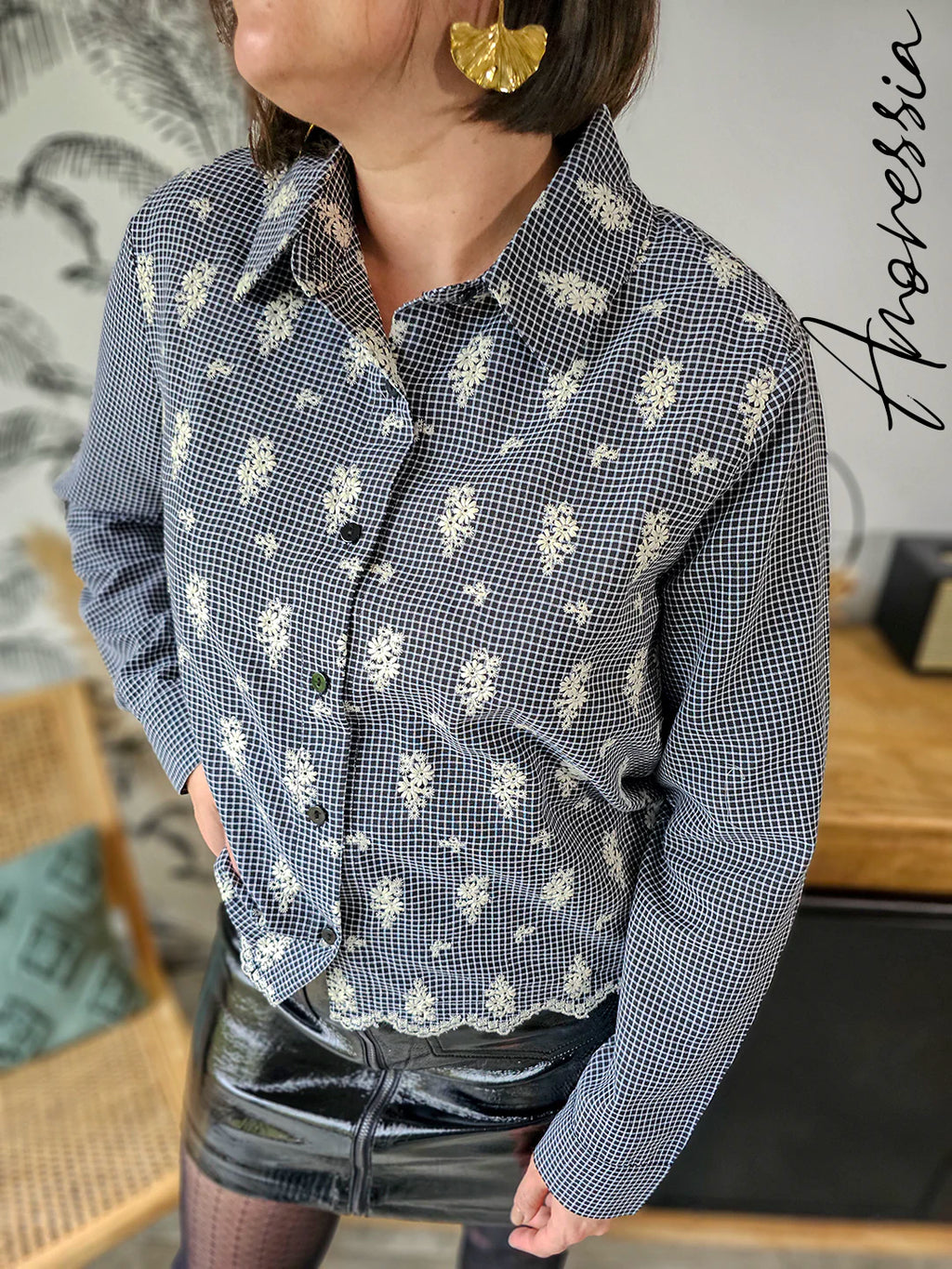 Chemise Grace — Chemise Carreaux Noir Blanc Broderie Manches Longues Femme