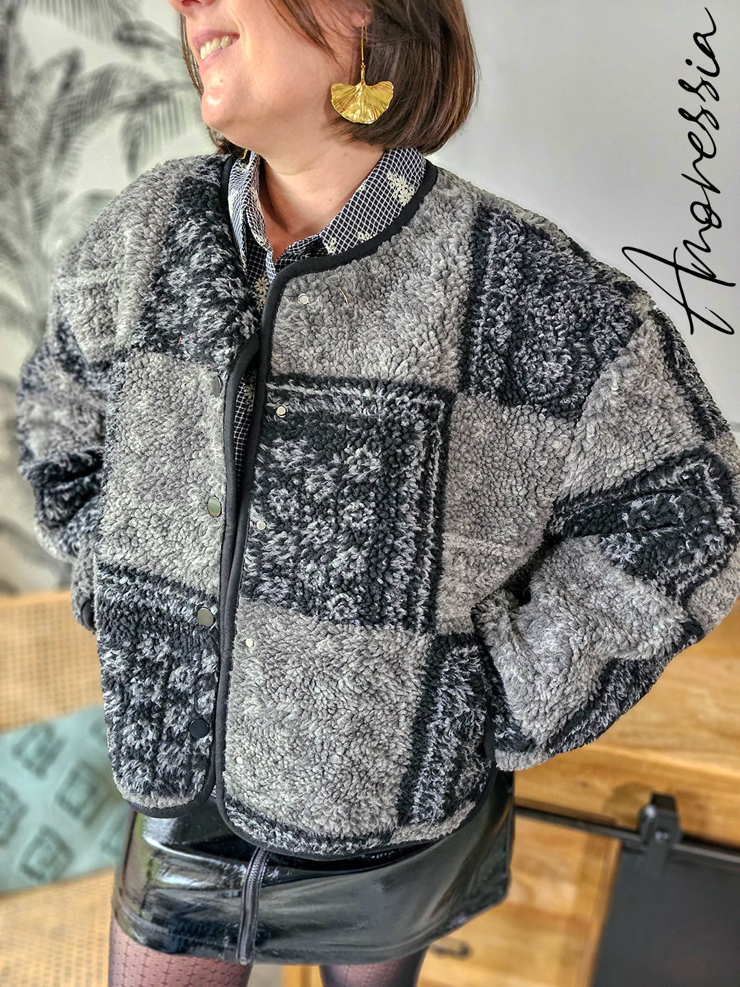 Manteau Clem — Manteau Court Noir Patchwork Femme autre vue