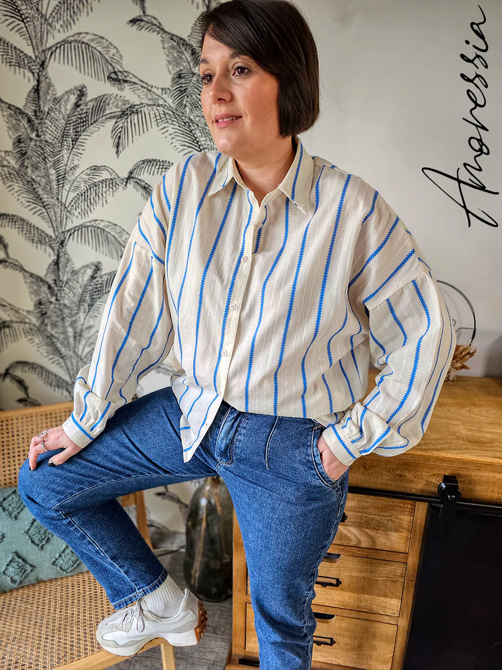 Chemise Ampia — Chemise Crème Rayures Bleues Coupe Ample Femme