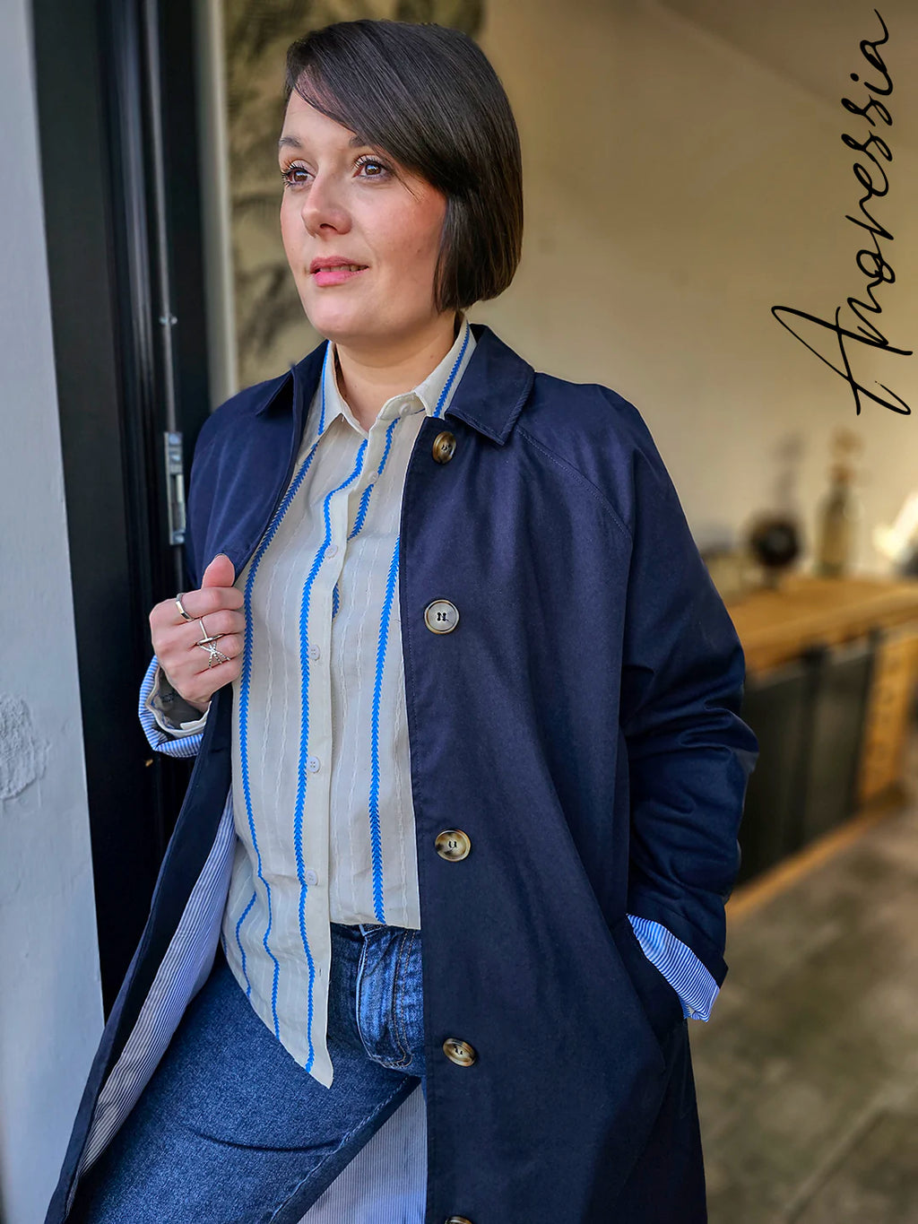 Trench Bleu Marine — Trench Long Bleu Marine Femme Élégant