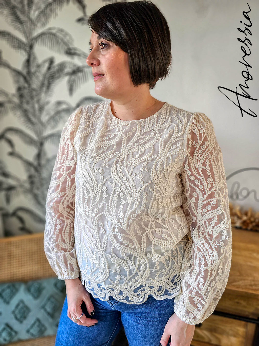 Blouse Pizzo — Blouse Dentelle Manches Longues Dos Ajouré Femme