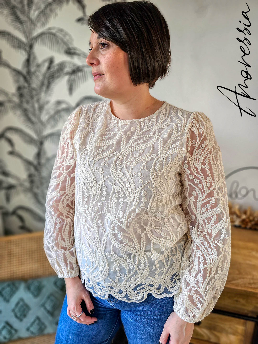 Blouse Pizzo — Blouse Dentelle Manches Longues Dos Ajouré Femme