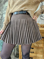 Jupe Plissée — Jupe Plissée Marron Ceinture Noire Femme