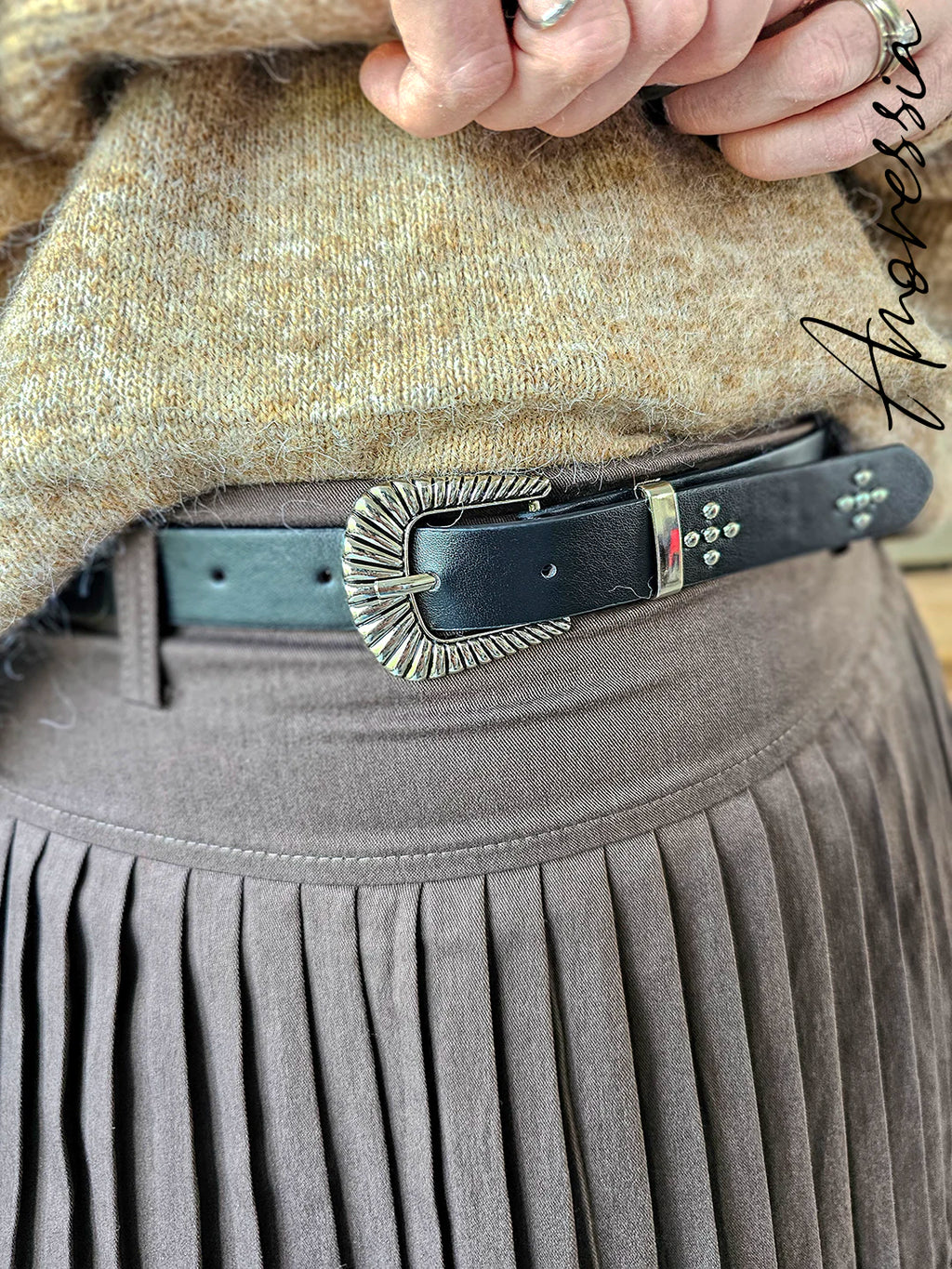 Jupe Plissée — Jupe Plissée Marron Ceinture Noire Femme vue détail