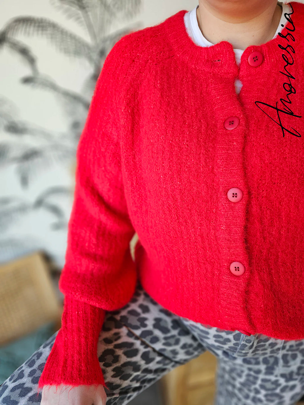 Gilet Red — Gilet Rouge Maille Femme photo portée