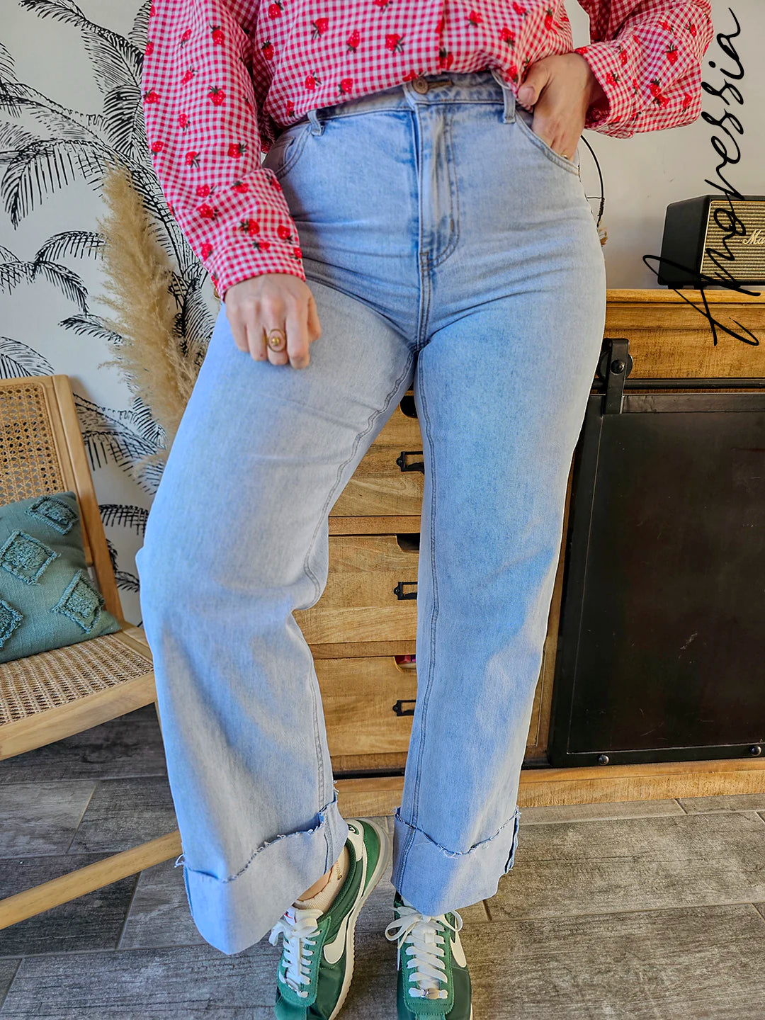 Jean Pina — Jean Straight High Waist À Revers Femme