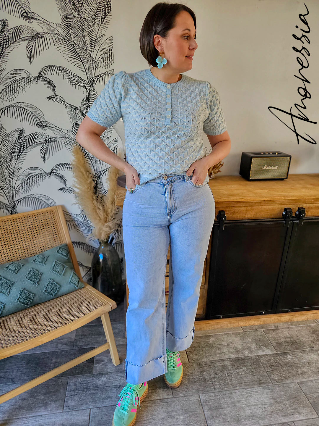 Pull Azurin — Pull Maille Bleu Ciel Manches Courtes Femme autre vue