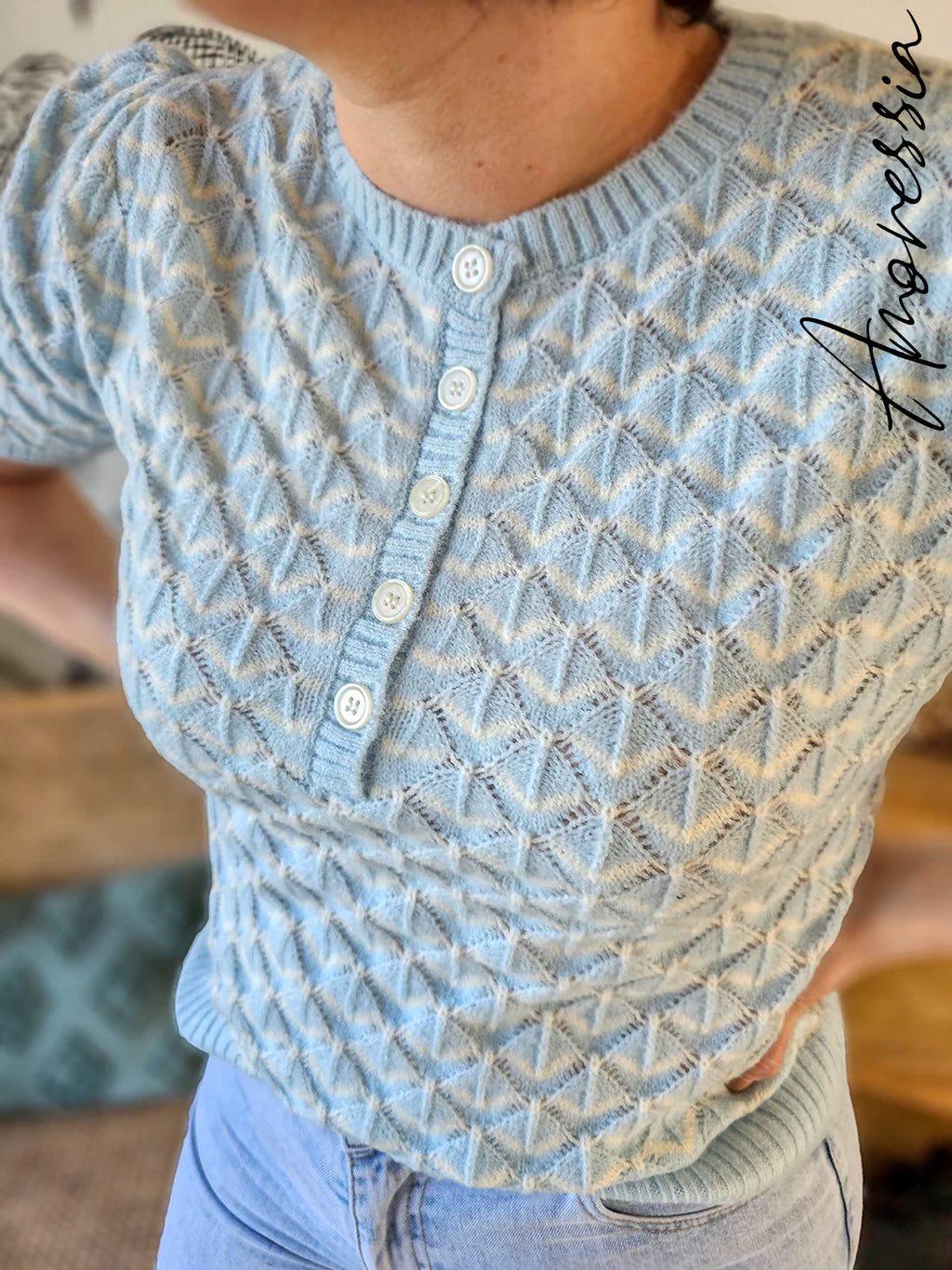 Pull Azurin — Pull Maille Bleu Ciel Manches Courtes Femme vue détail