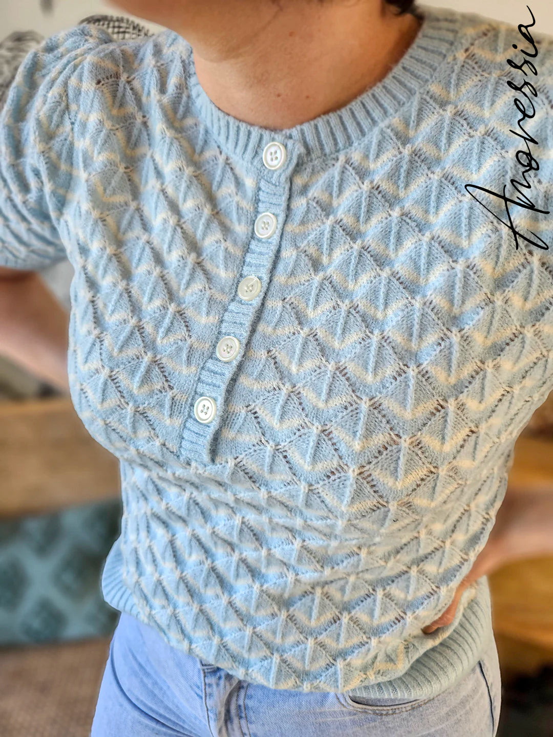 Pull Azurin — Pull Maille Bleu Ciel Manches Courtes Femme vue détail