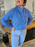 Chemise Vera — Chemise Bleue Rayures Col Volanté Femme