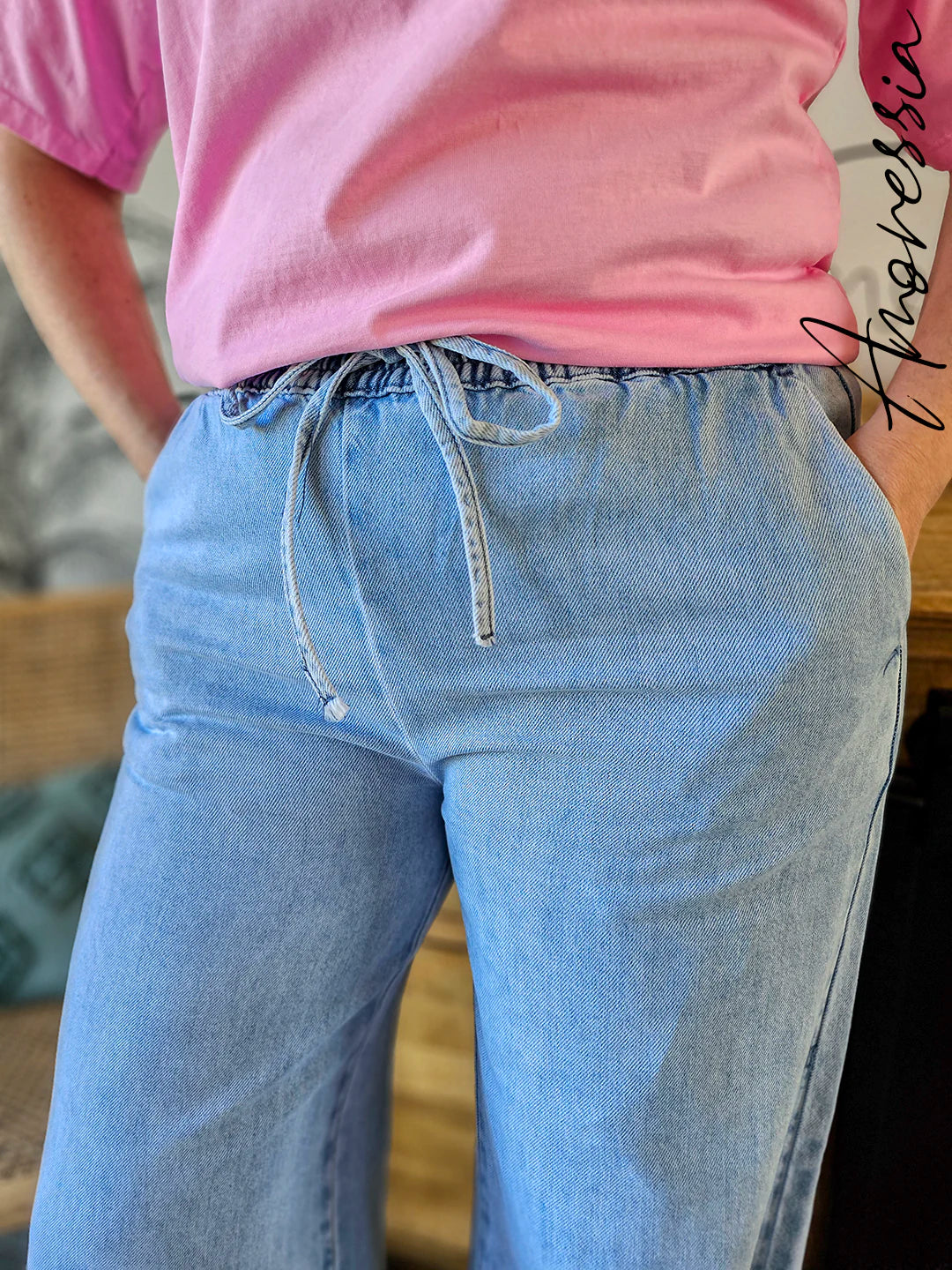 Jean Vanille — Jean Wide Leg Bleu Clair Taille Haute Femme vue détail