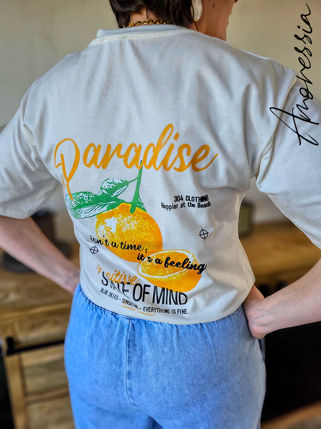 T-Shirt Paradise — T-Shirt Blanc Motif Dos Femme