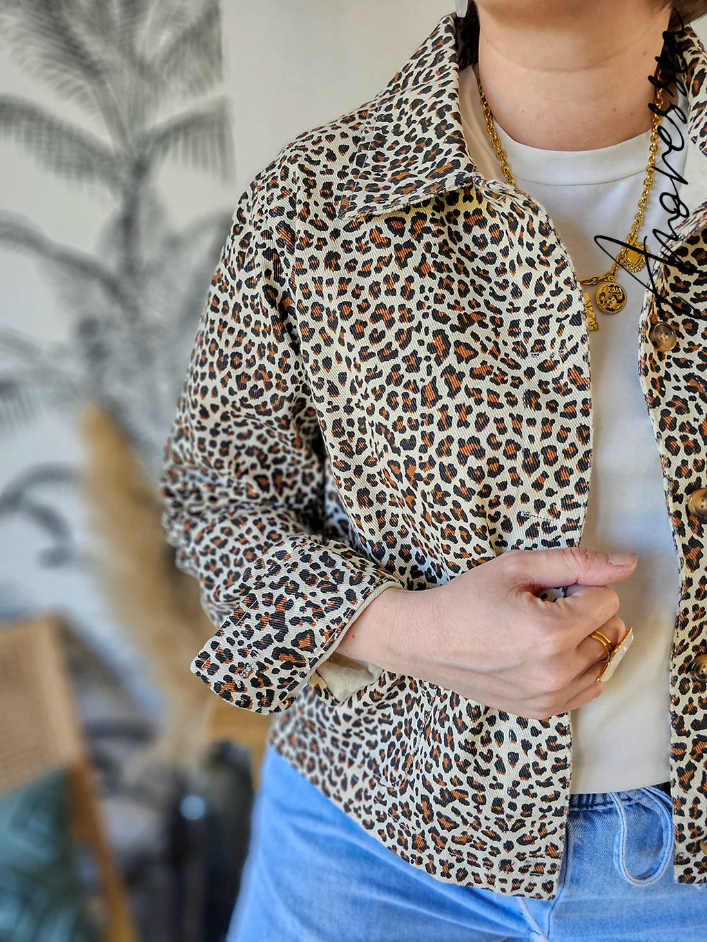 Veste Léopard Jean — Veste Jean Blanche Imprimé Léopard Femme