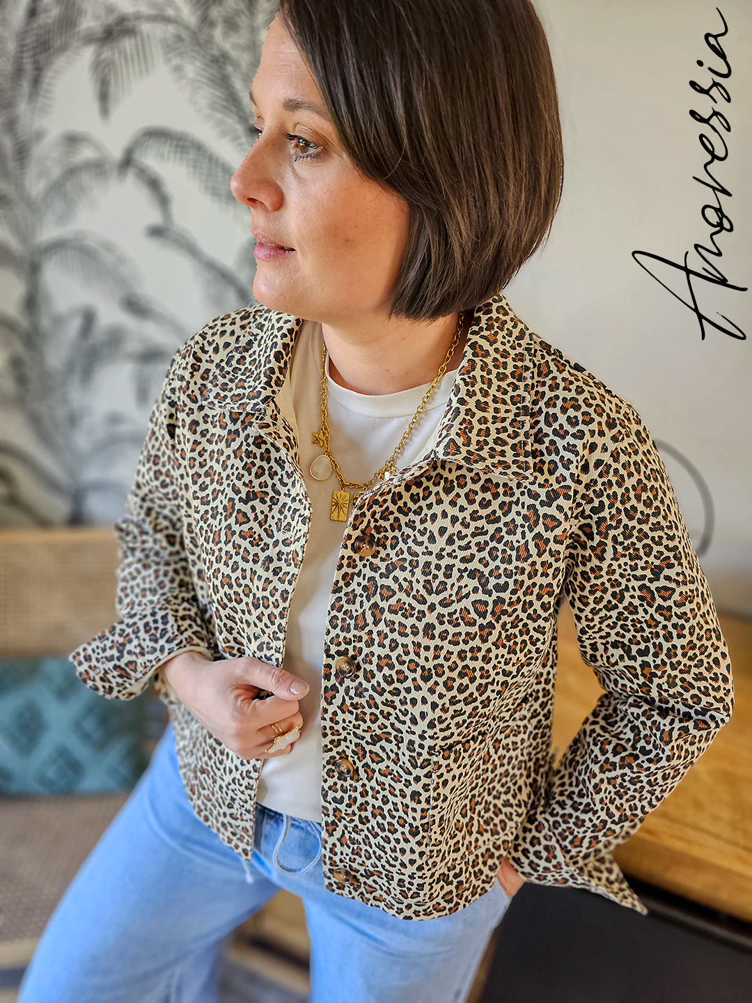 Veste Léopard Jean — Veste Jean Blanche Imprimé Léopard Femme