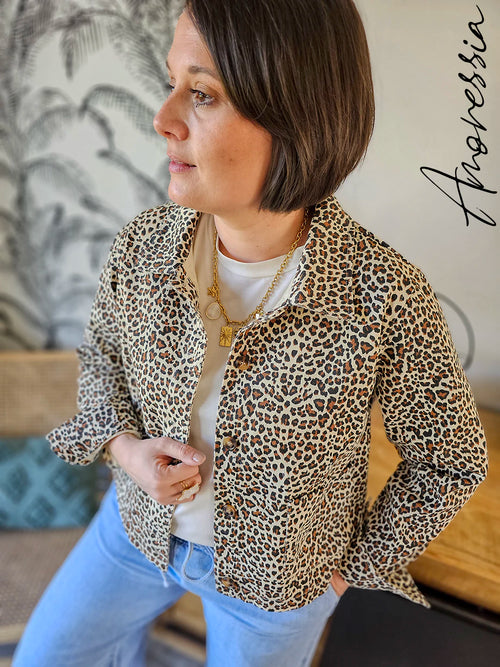Veste Léopard Jean — Veste Jean Blanche Imprimé Léopard Femme
