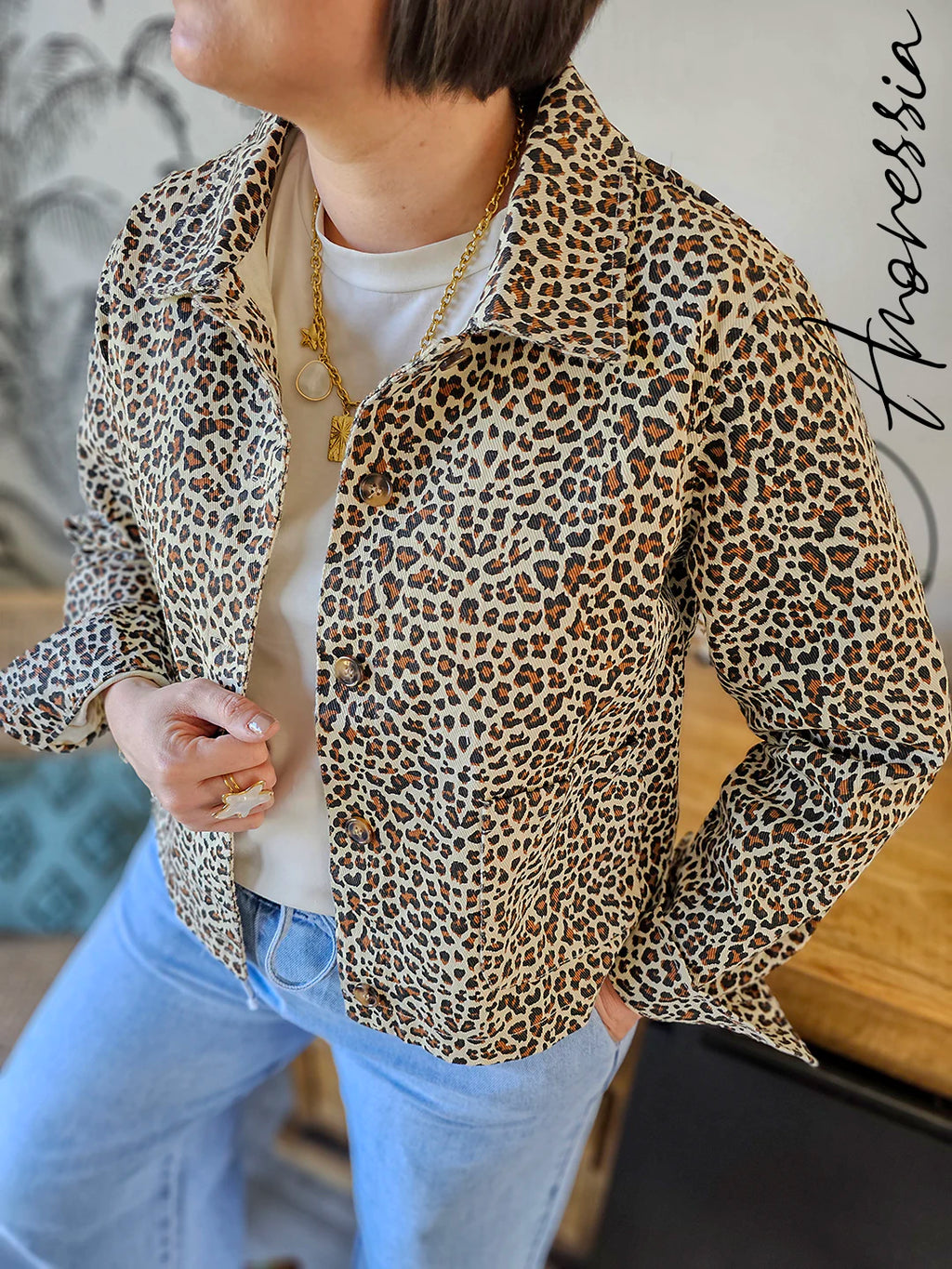 Veste Léopard Jean — Veste Jean Blanche Imprimé Léopard Femme