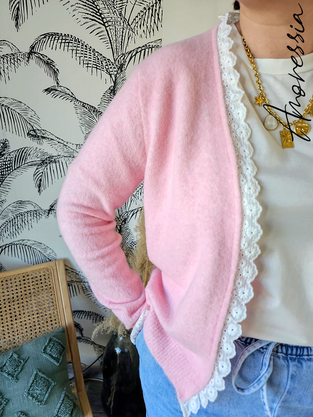 Gilet Flamingo — Gilet Ouvert Rose Pâle Femme vue détail