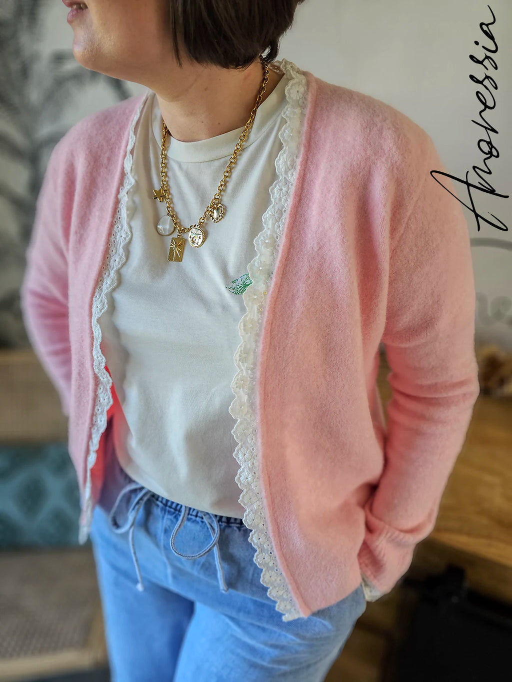 Gilet Flamingo — Gilet Ouvert Rose Pâle Femme