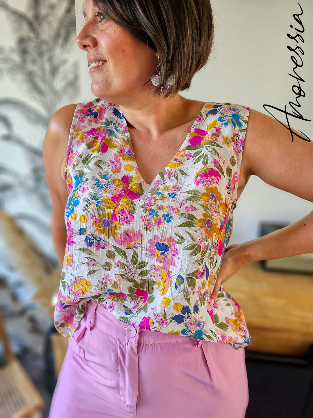 Top Livia — Top Fleuri Col V Femme Été