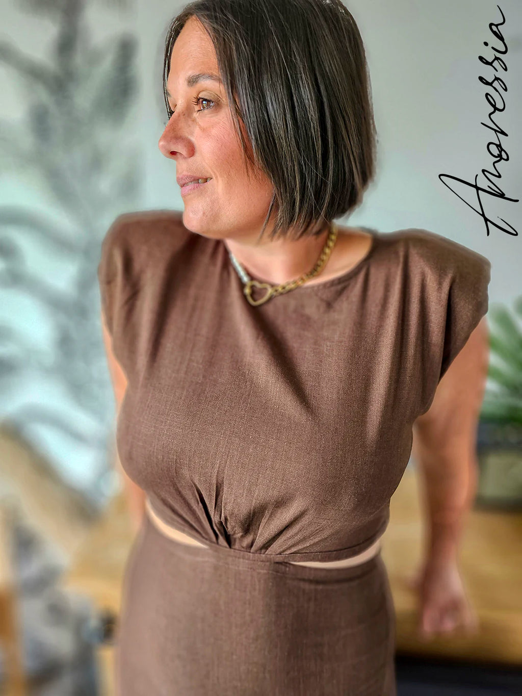 Robe Lin Choklate — Robe Lin Chocolat Femme vue détail