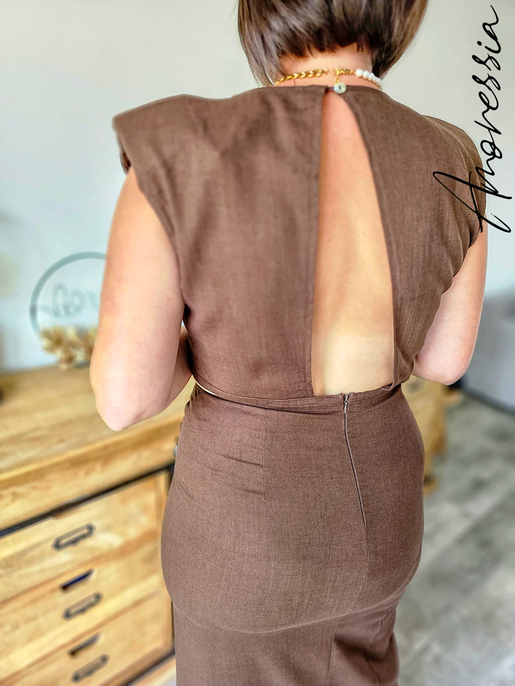 Robe Lin Choklate — Robe Lin Chocolat Femme zoom matière