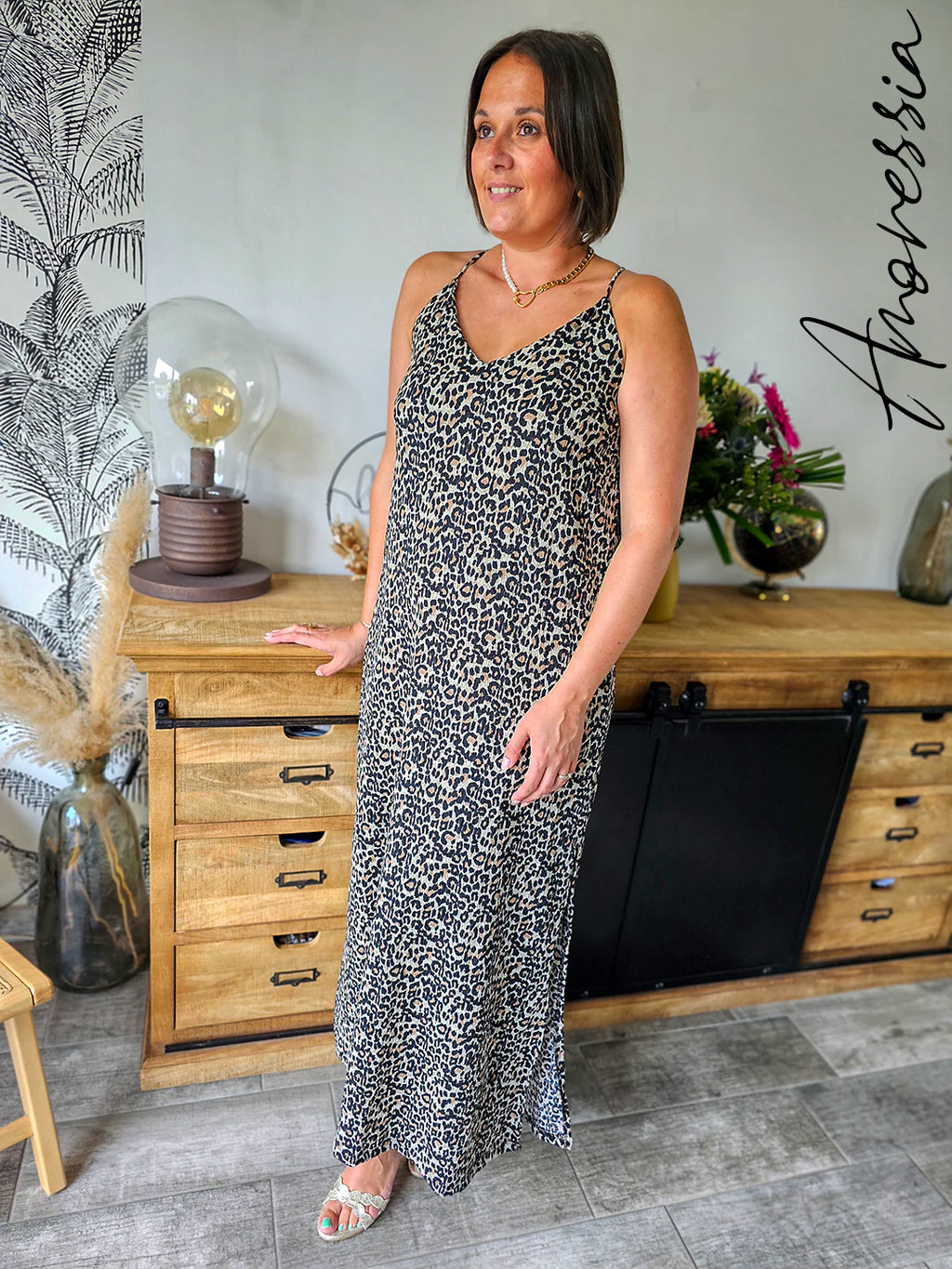 Robe Longue Léopard — Robe Fluide Imprimé Léopard Dos Croisé Femme