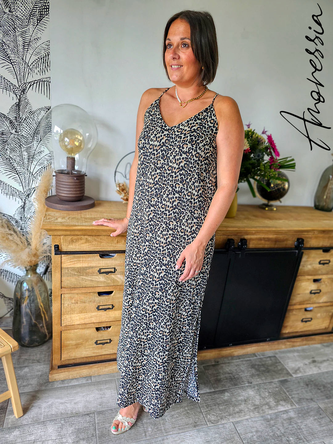 Robe Longue Léopard — Robe Fluide Imprimé Léopard Dos Croisé Femme