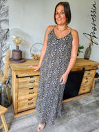 Robe Longue Léopard — Robe Fluide Imprimé Léopard Dos Croisé Femme photo portée