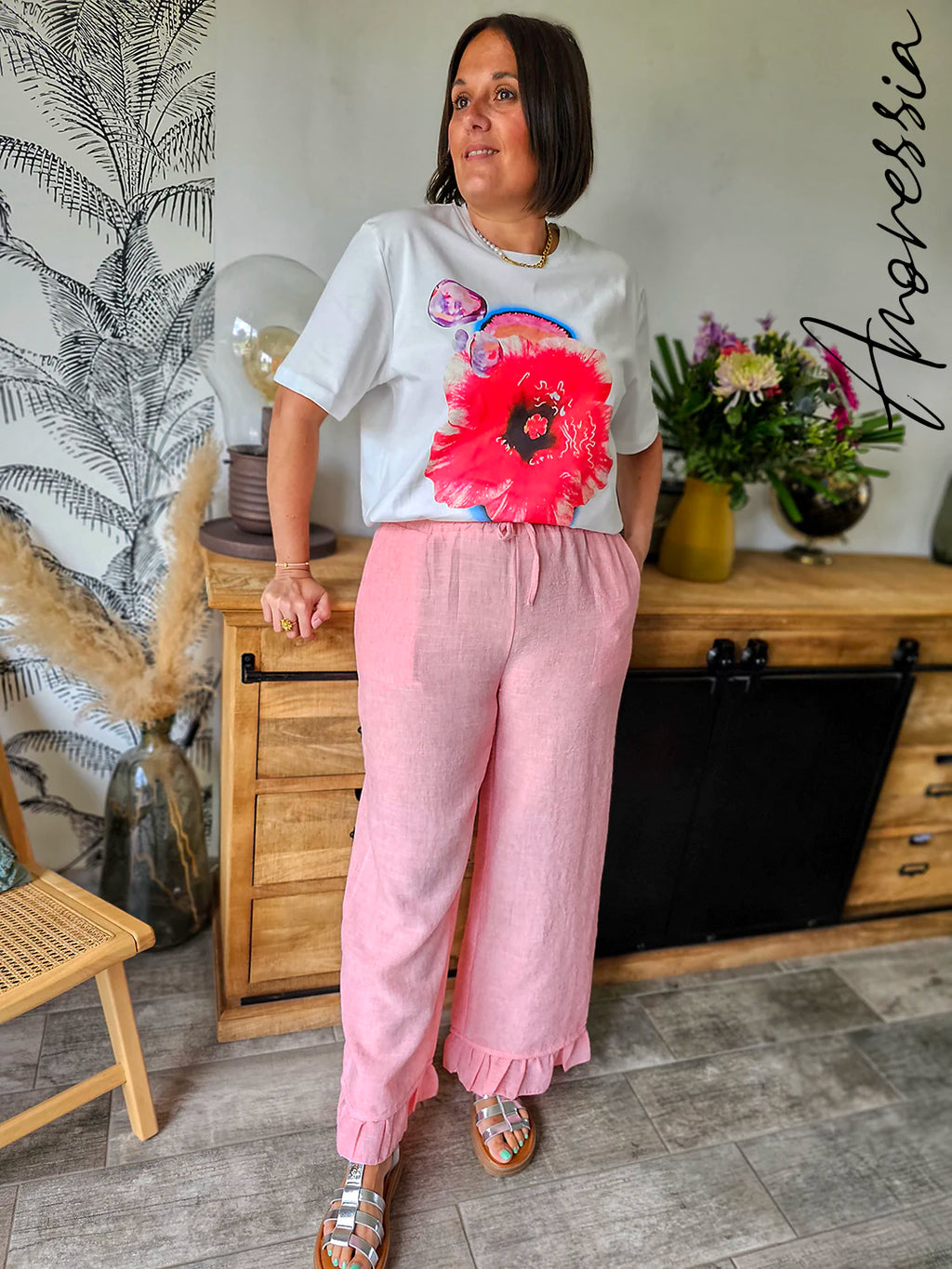 Pantalon Louka Rose — Pantalon Large Rose Femme vue dos