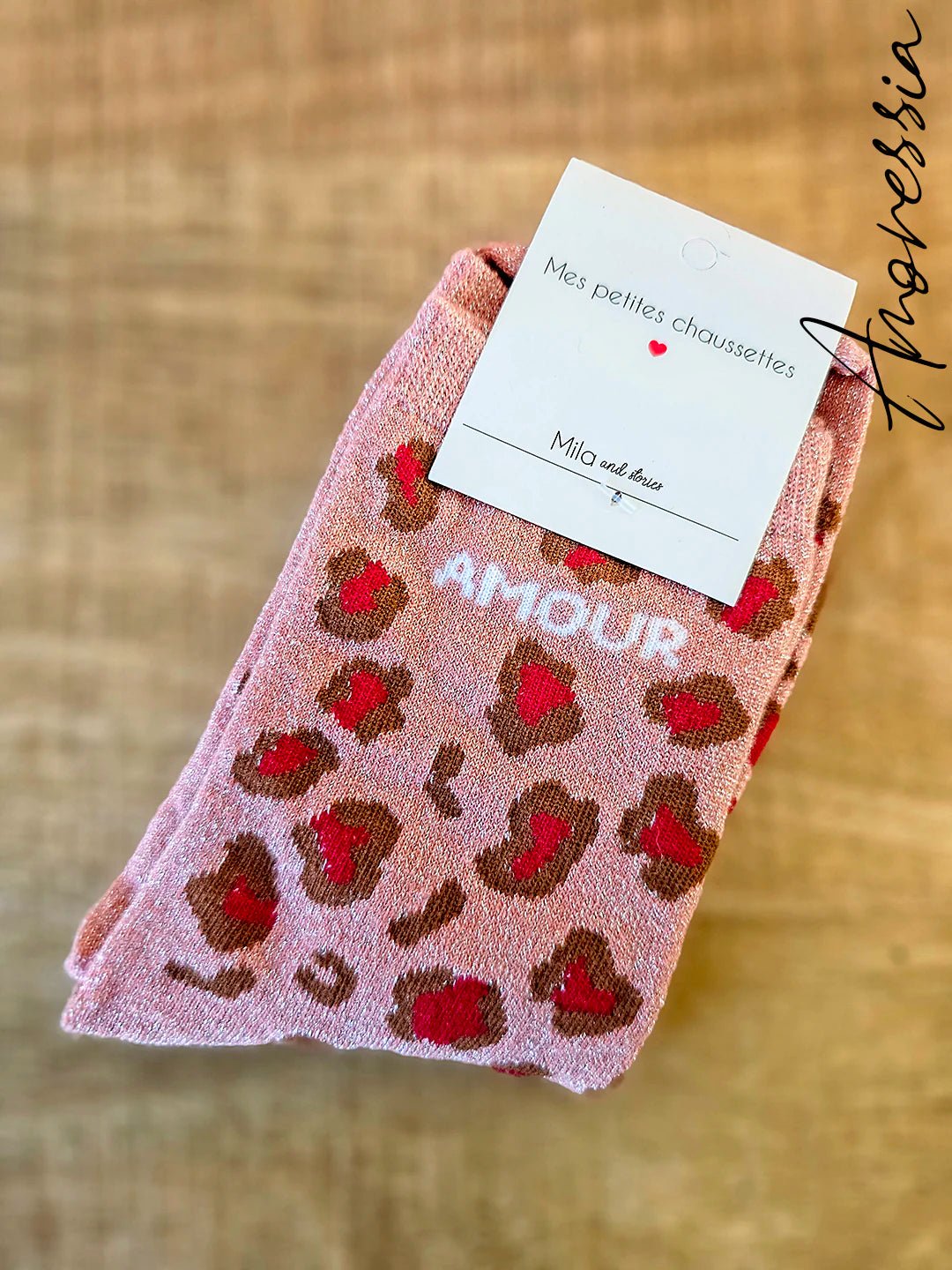 Chaussettes léopard à paillettes – Message “Amour” 💖