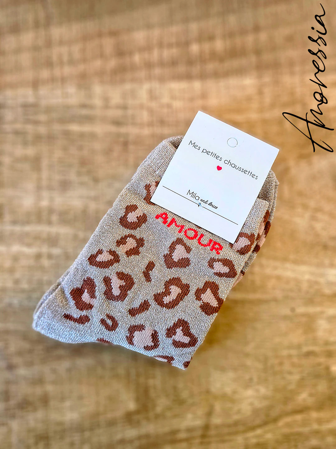 Chaussettes léopard à paillettes – Message “Amour” 💖