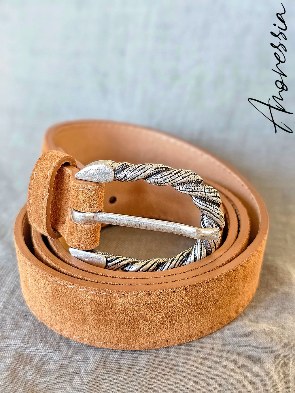 Ceinture Camel Boucle Argentée — Ceinture Cuir Camel Boucle Argentée Femme