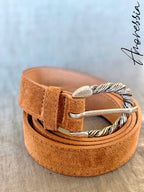 Ceinture Camel Boucle Argentée — Ceinture Cuir Camel Femme photo portée
