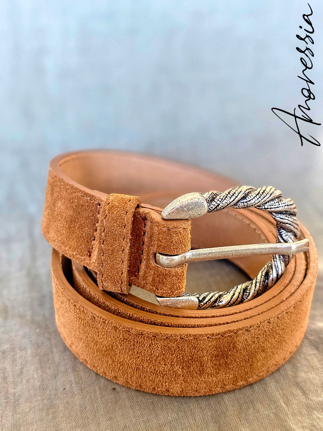 Ceinture Camel Boucle Argentée — Ceinture Cuir Camel Femme photo portée