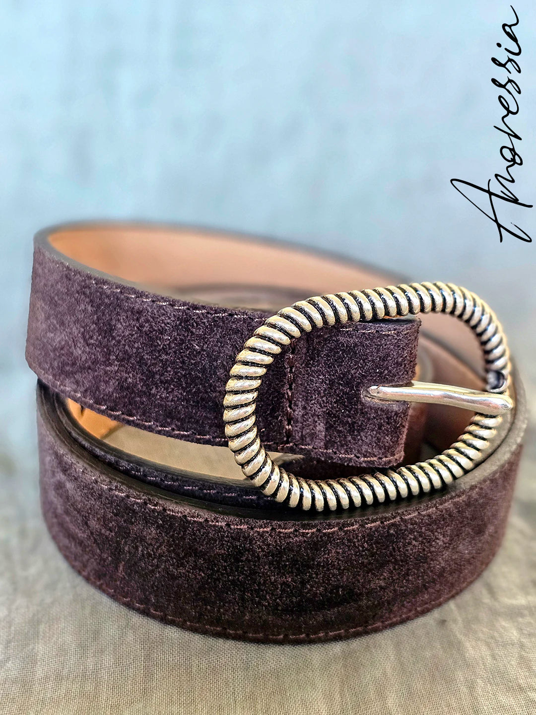 Ceinture Chocolat Boucle Argentée — Ceinture Cuir Chocolat Femme photo portée