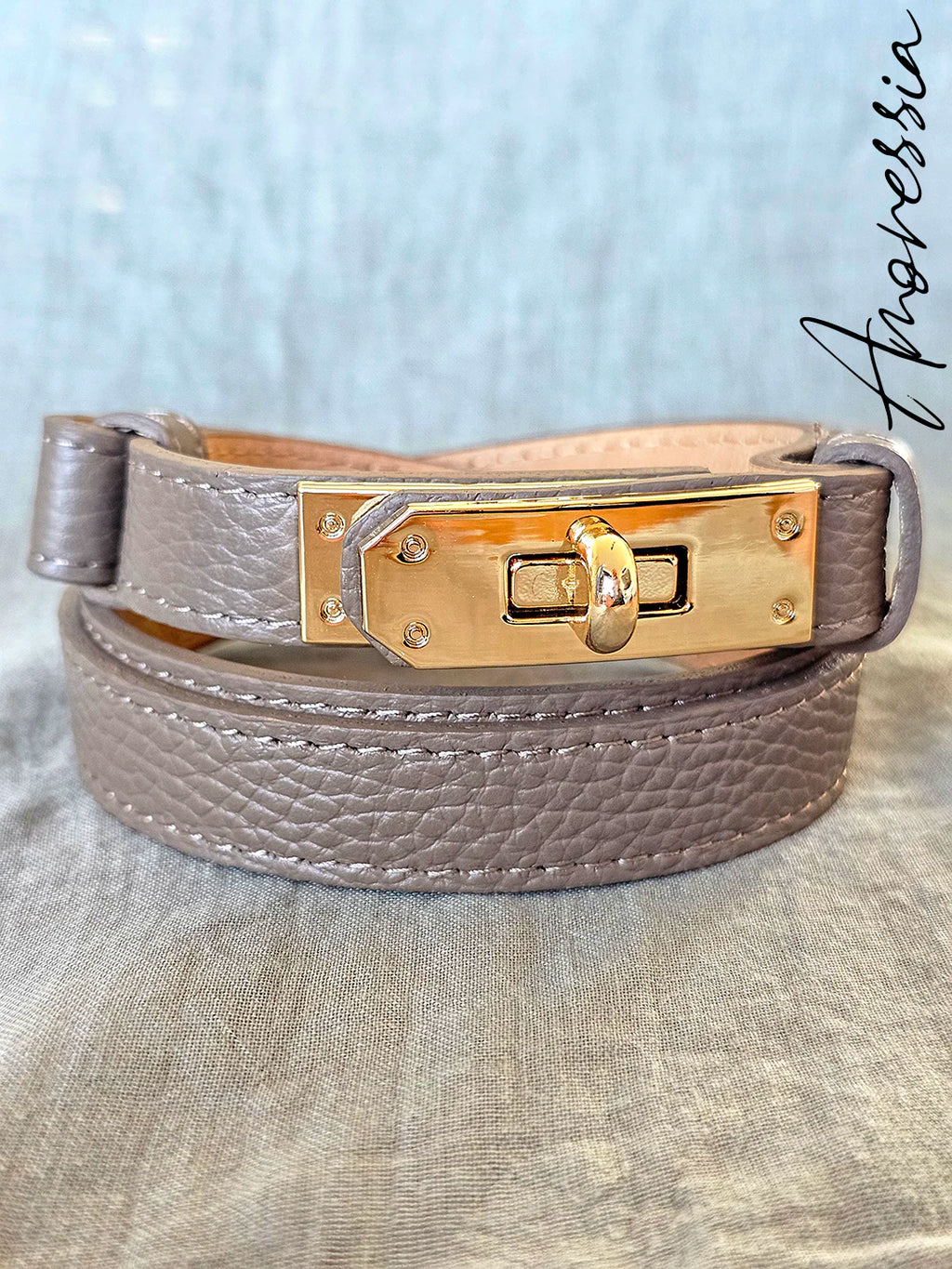 Ceinture Cuir Taupe Fermoir Doré — Ceinture Cuir Taupe Boucle Dorée Femme
