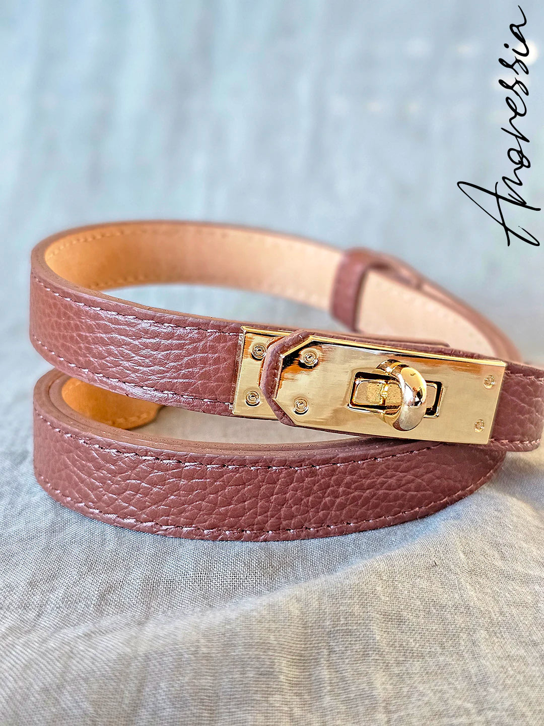 Ceinture Cuir Marron Fermoir Doré — Ceinture Cuir Marron Boucle Dorée Femme